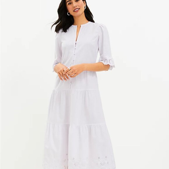 NWT LOFT Striped Eyelet Cuff Tiered Midi Dress - Picture 1 of 3
